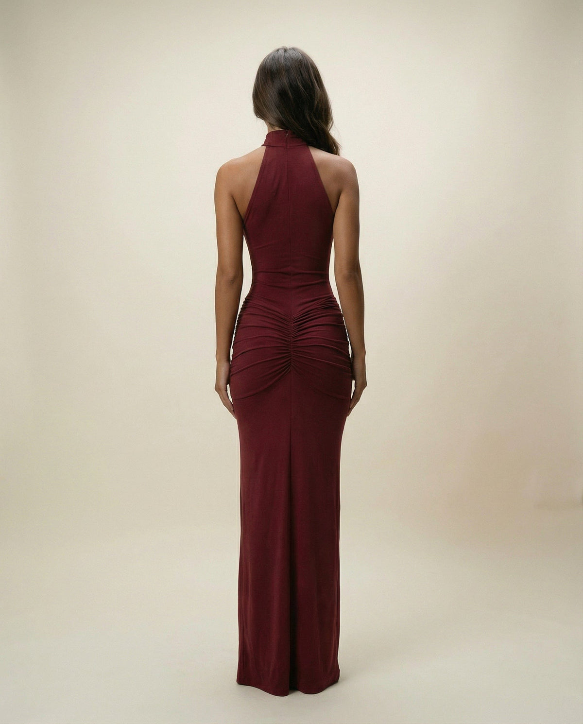 Cloud Wear SERENA – Maxi Dress with Ruching and High Neckline Burgundy