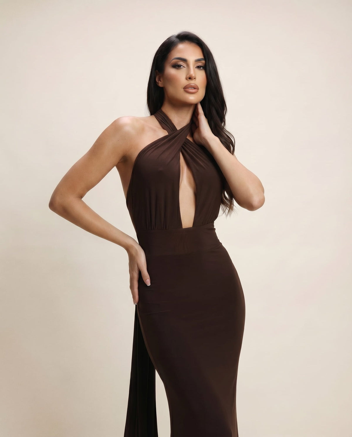 Cloud Wear NAYA Chocolate Maxi Dress with Multi-Way Ties