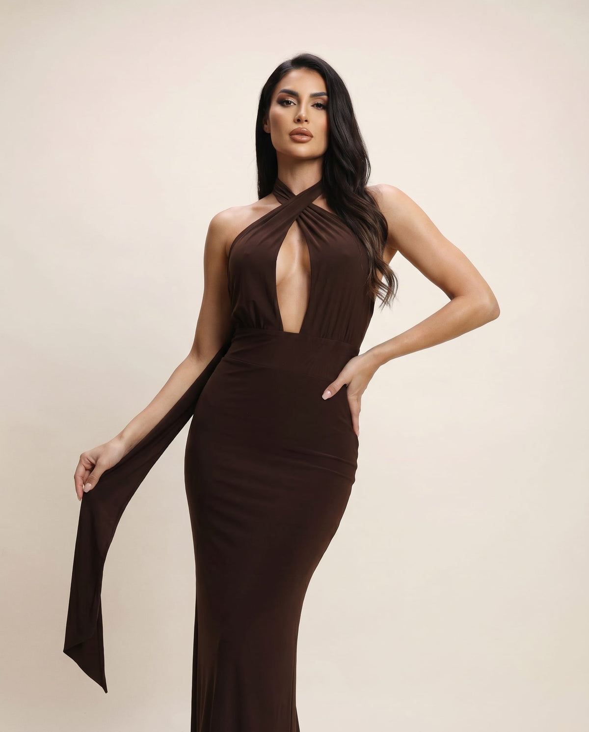 Cloud Wear NAYA Chocolate Maxi Dress with Multi-Way Ties