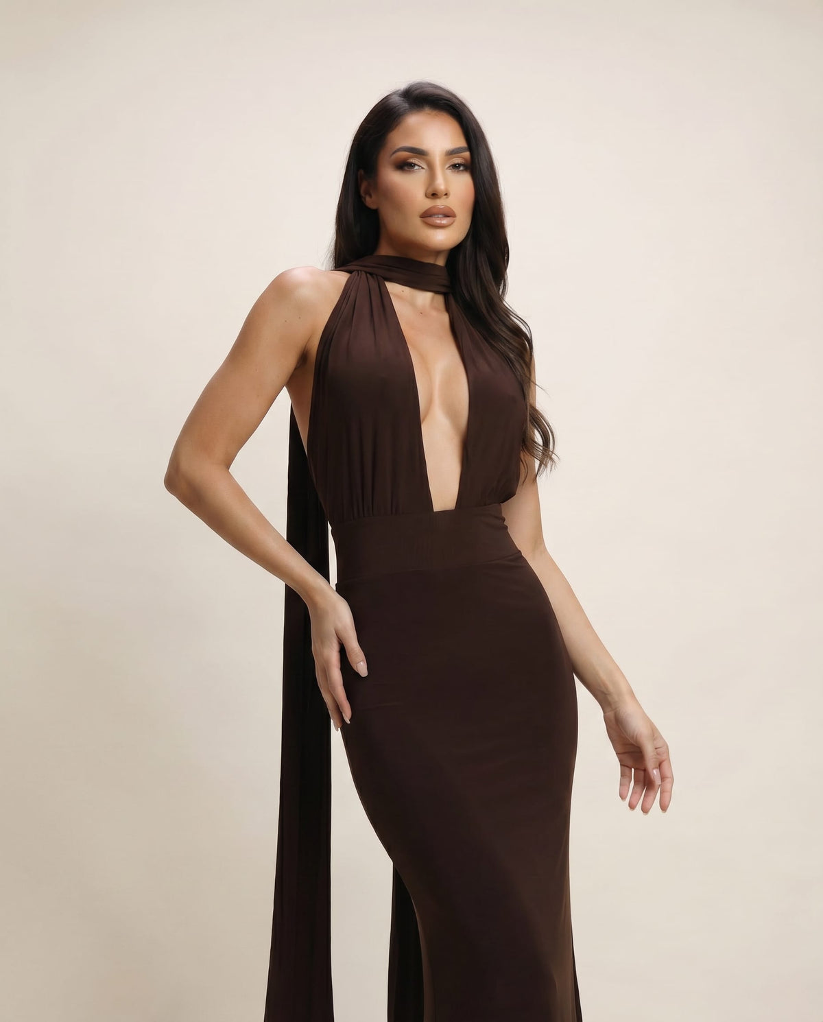 Cloud Wear NAYA Chocolate Maxi Dress with Multi-Way Ties