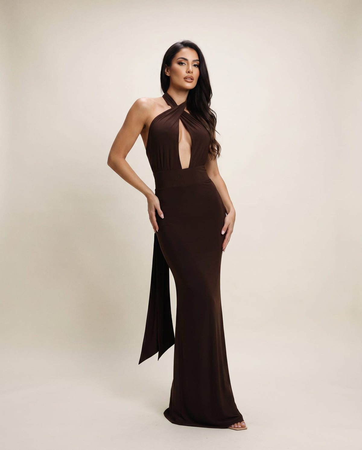 Cloud Wear NAYA Chocolate Maxi Dress with Multi-Way Ties