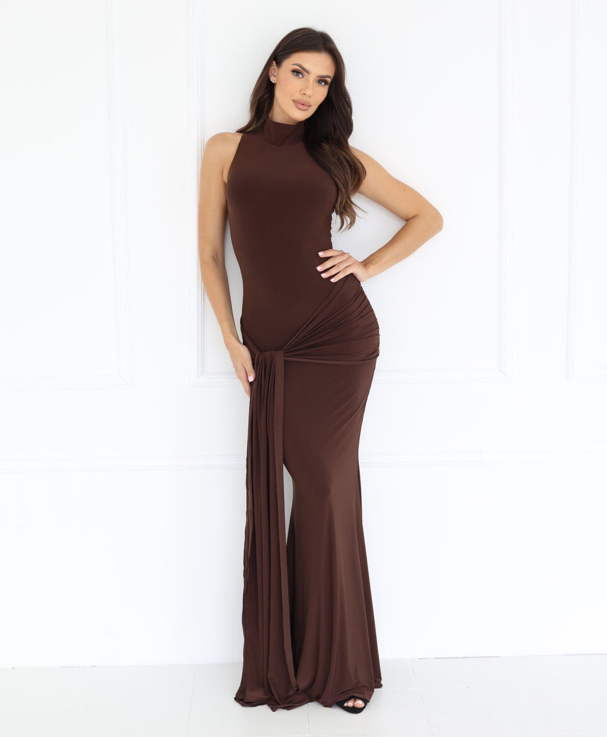 Cloud Wear SYNTHIA Chocolate Maxi Dress with Turtleneck and Tie Scarf at the Hips