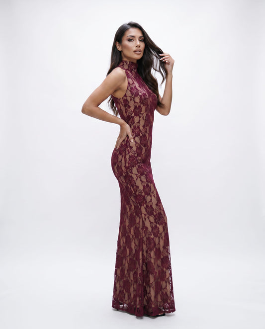 Cloud Wear VESPER - Sukienka Maxi z Bordową Koronką