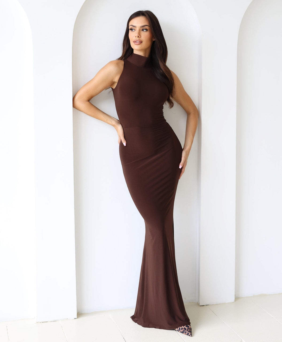 Cloud Wear ZAYA – Chocolate Maxi Dress with High Neck and Mermaid Hem